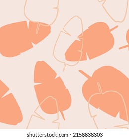 Tropical leaves hand drawn seamless pattern. Tropical leaves trendy pattern in pink, light pink and orange colors. Vector repeating design for fabric. wallpaper or wrap papers. Tropical wallpaper, 