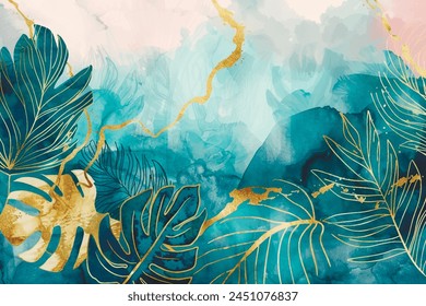 Hojas tropicales dibujado a mano patrón de acuarela con la línea de acuarela turquesa arte palma, hojas de monstruo, líneas de garabato de oro, manchas, brillo. Vector pintado hermosas plantas tropicales de fondo frondoso.