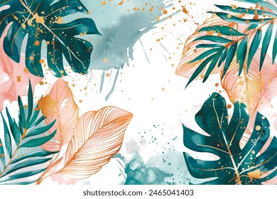 Tropical leaves hand drawn watercolor pattern with turquoise watercolor line art palm, monstera leaves, gold glitters, spots, splashes. Vector painted beautiful lines tropic plants leafy background.