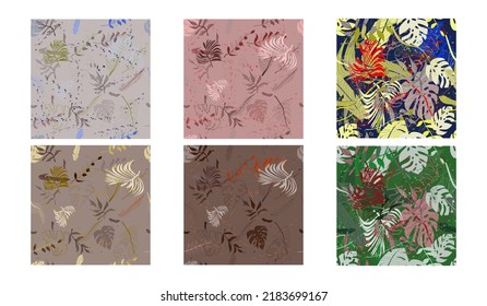tropical leaves and herbs .seamless pattern.a set of six samples.high quality vector illustration for your project