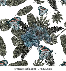 Tropical leaves, hibiscus and butterfly seamless pattern. Vector illustration. Typography design elements for prints, cards, posters, products packaging, branding.