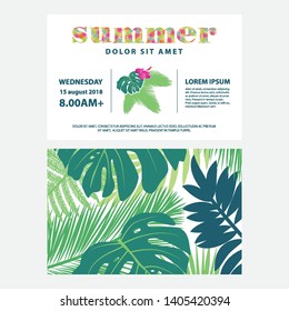 tropical leaves and hibiscus flower, event invitation card template