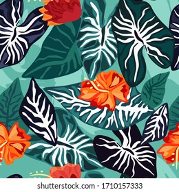 Tropical leaves with hibiscus flower seamless pattern. Summer vector background