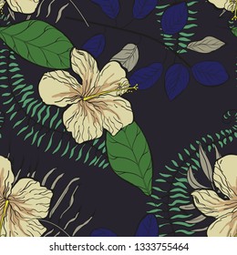 Tropical leaves and hibiscus flowers are an exotic pattern on a dark background. Exotic seamless pattern with tropical leaves. Ethnic Background with Hawaiian flowers and plants.