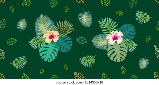 Tropical leaves and hibiscus flowers on emerald background. Seamless vector pattern with botanical motifs. Design for textile, packaging, cards.