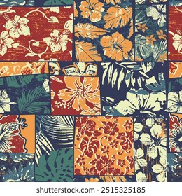 Hojas tropicales y flores de hibisco Patchwork Fondo de pantalla abstracto Vector grunge patrón transparente para camisa de tela almohada mantel toalla envoltura