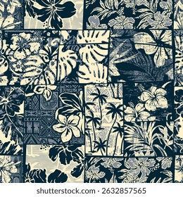 Tropical leaves and hibiscus flowers patchwork abstract grunge vector seamless pattern  for fabric shirt towel tablecloth pillow rug carpet