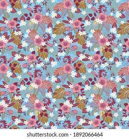 Tropical leaves and hibiscus flowers seamless pattern