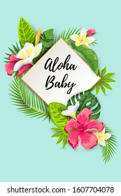 Tropical leaves, Hibiscus and Frangipani flowers vector illustration. Place for text. Seasonal template for summer sale, vacation, poster, banner, flyer, invitation, pool party, baby shower, wedding.