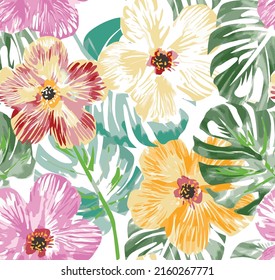 tropical leaves hibiscus  Hawaii  water color seamless print pattern