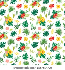 Tropical leaves and hibiscus on a white background. Seamless summer pattern.