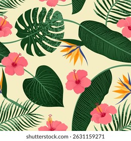 Tropical Leaves and Hibiscus, and Strelitzia Flowers seamless pattern. Vector illustration in trendy retro flat style