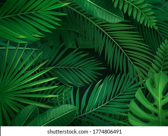 Tropical leaves horizontal background. Jungle exotic banana leaf and areca palm. Wallpaper screen summer tropical paradise. Vector illustration.