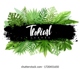 Tropical leaves horizontal banner. Realistic style. Black smear of ink from the inscription lettering. Vector