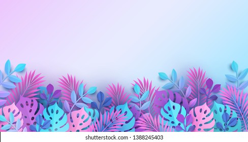 Tropical Leaves horizontal border in modern paper cut style. Jungle botanical background with trendy gradient colors of blue, pink and purple hues. Place for text. 