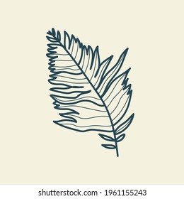Tropical leaves icon outline drawing. Minimal floral vintage style. Doodle plant vector illustration. Pure nature organic brush. Line drawing. Botanical floral badge. Eco product emblem.