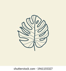 Tropical leaves icon outline drawing. Minimal floral vintage style. Doodle plant vector illustration. Pure nature organic brush. Line drawing. Botanical floral badge. Eco product emblem.
