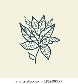 Tropical leaves icon outline drawing. Minimal floral vintage style. Doodle plant vector illustration. Pure nature organic brush. Line drawing. Botanical floral badge. Eco product emblem.