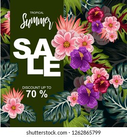 tropical leaves illustration for summer sale poster