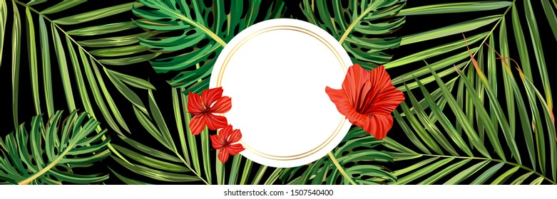 Tropical leaves. Jungle background flower and palm. Vector jungle illustration. Green tropical leaves banner
