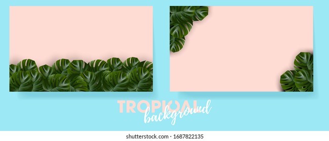 Tropical leaves. Jungle background flower and palm. Vector jungle illustration. Exotic tropical jungle rainforest bright green monstera leaves border frame template on pink background.