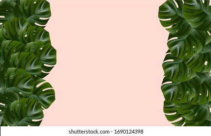 Tropical leaves. Jungle background flower and palm. Vector jungle illustration. Exotic tropical jungle rainforest bright green monstera leaves border frame template on pink background.