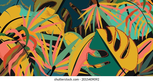 Tropical leaves and Jungle background vector. colorful summer pattern design with topical foliage, arts brush and pink color. Modern wallpaper design for prints, poster, cover, cards and  homewares.