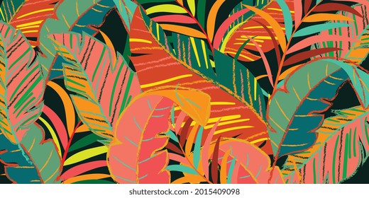 Tropical leaves and Jungle background vector. colorful summer pattern design with topical foliage, arts brush and pink color. Modern wallpaper design for prints, poster, cover, cards and  homewares.