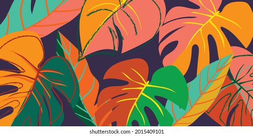 Tropical leaves and Jungle background vector. colorful summer pattern design with topical foliage, arts brush and pink color. Modern wallpaper design for prints, poster, cover, cards and  homewares.