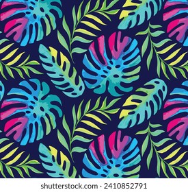 Tropische Blätter und Dschungelhintergrund, Vektorgrafik. farbenfrohe Sommermuster-Design mit topischem Blattwerk, Kunsthaut und rosafarbener Farbe. Modernes Tapete-Design für Drucke, Poster, Deckel, Karten und Hausgeräte.