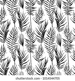 Tropical leaves, jungle pattern. Seamless, detailed, botanical pattern. Vector background. Palm leaves.