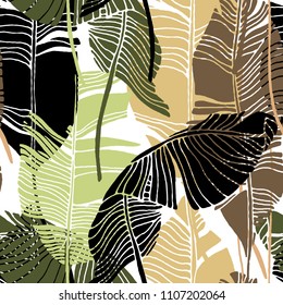 Tropical leaves, jungle pattern. Seamless, detailed, botanical pattern. Vector background.