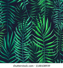 Tropical leaves, jungle pattern. Seamless, detailed, botanical pattern. Vector background.