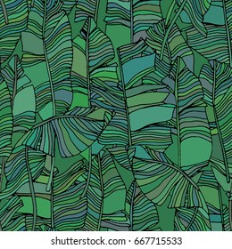 Tropical leaves, jungle pattern. Seamless, detailed, botanical pattern. Vector background.
