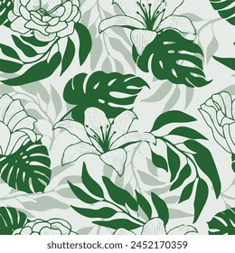 Tropical leaves, jungle leaves seamless pattern,vector illustration,Seamless vector pattern with exotic tropical plants in modern style.Trendy jungle colorful background design. Nature textile fashion