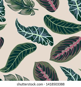 Tropical leaves, jungle leaves seamless vector floral pattern background.