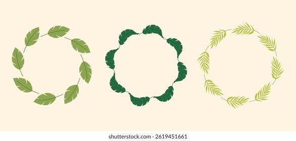Tropical leaves, jungle. Set tropical frames or borders. Round tropical frame for invitation, card, cover, birthday, baby shower.