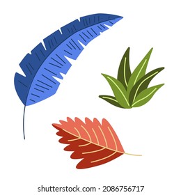 Tropical leaves in Jurassic Period. Bright pink peach, green and blue plants in flat and cartoon style. Isolated vector stock illustration EPS 10 on white background 