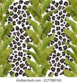 Tropical leaves and leopard print.Vector seamless pattern with palm leaves and leopard print on a transparent background.