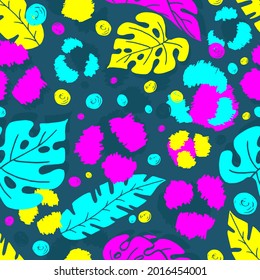 Hojas tropicales y manchas de leopardo en colores brillantes de neón ácidos abstractos de dibujo manual sin fisuras. Diseño de textiles, papel pintado, tejidos y embalajes. Ilustración de material vectorial. 