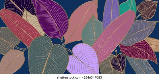 Tropical Leaves Line Art Luxury Background. Tropical Leaves Hand Drawn Colorful Banner Design. Floral Wallpaper. Botanical Design for Home Decoration, Social Media. Vector Illustration. Not AI