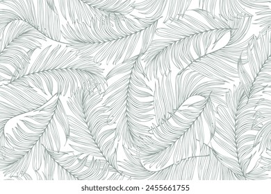 Tropical leaves line art wallpaper background vector. Design of natural palm and banana leaves in a minimalist linear style. Design for fabric, print, cover, banner, decoration.