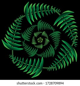 Tropical leaves lying in the shape of a wreath recursively repeat themselves and shrink so that when you move away, the whole picture resembles a flower.