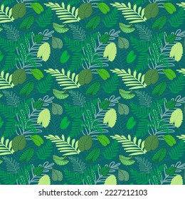 Tropical leaves messy print on a dark green background. Seamless vector pattern.