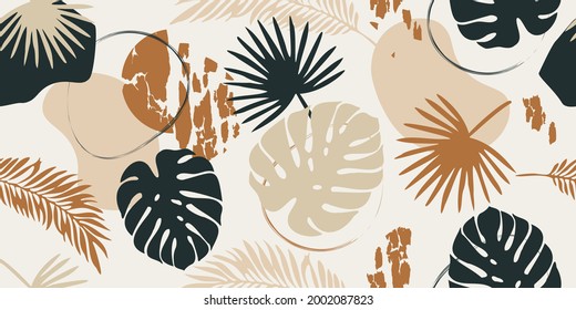 Tropical leaves. Modern exotic jungle plants illustration pattern. Floral seamless pattern. Fashionable template for design.
