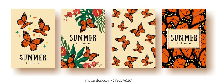Tropical leaves monarch butterfly poster set design template, summer background. Place for text. Vector illustration. Nature floral frame border. Jungle forest tree, flowers