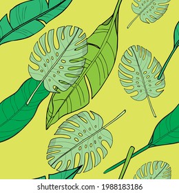 Tropical leaves with monstera leaf on light green flat background seamless pattern