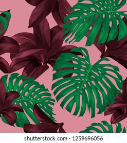 Tropical  leaves, monstera leaf vector seamless floral summer pattern background .