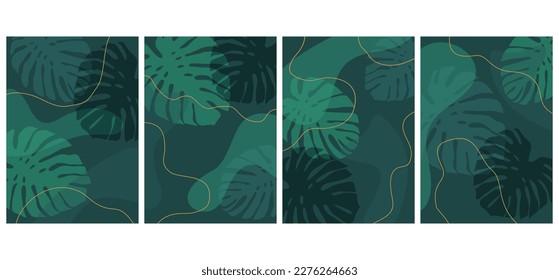 Tropical leaves of monstera on abstract modern background in forest green color - set of vector covet layout illustrations