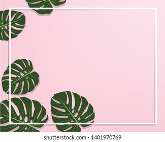 Tropical leaves Monstera on pink background. Flat lay, top view, vector illustration. Empty template